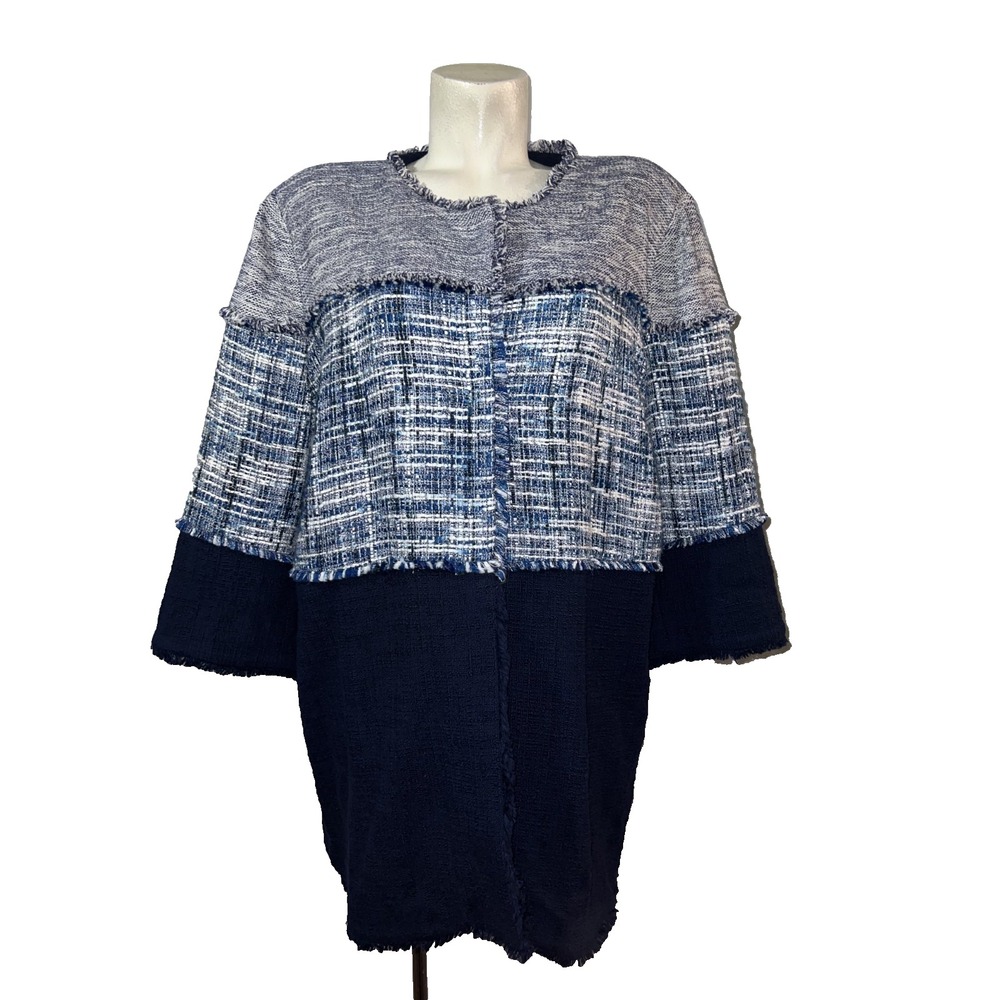 Chicos Blue Tweed Colorblock Fringe Trim Longline Jacket Coat Womens Size 4‎ XXL